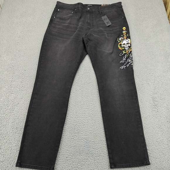Ed Hardy Jeans Mens 40 Black Straight Leg Denim Panther Skull Snake Embroidered - Picture 1 of 16